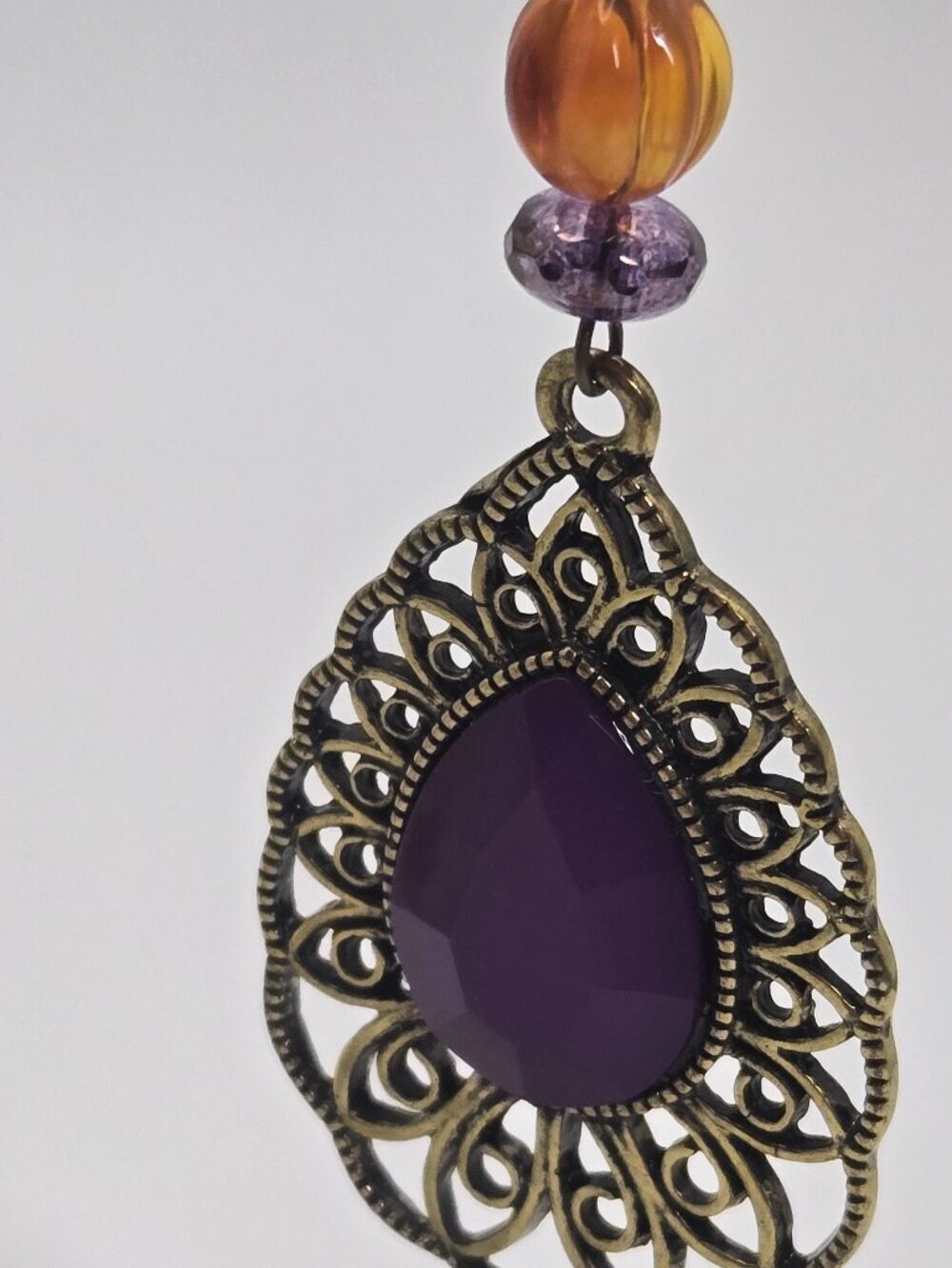 Purple Dangle Earrings Handmade With Bronze Tone Accent & Orange Beads Item E38 - Picture 2 of 5